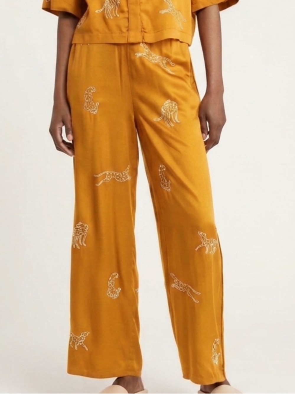 SANI Women's Embroidered Lounge Pants Size XL Marigold Yellow Tiger Wide Leg